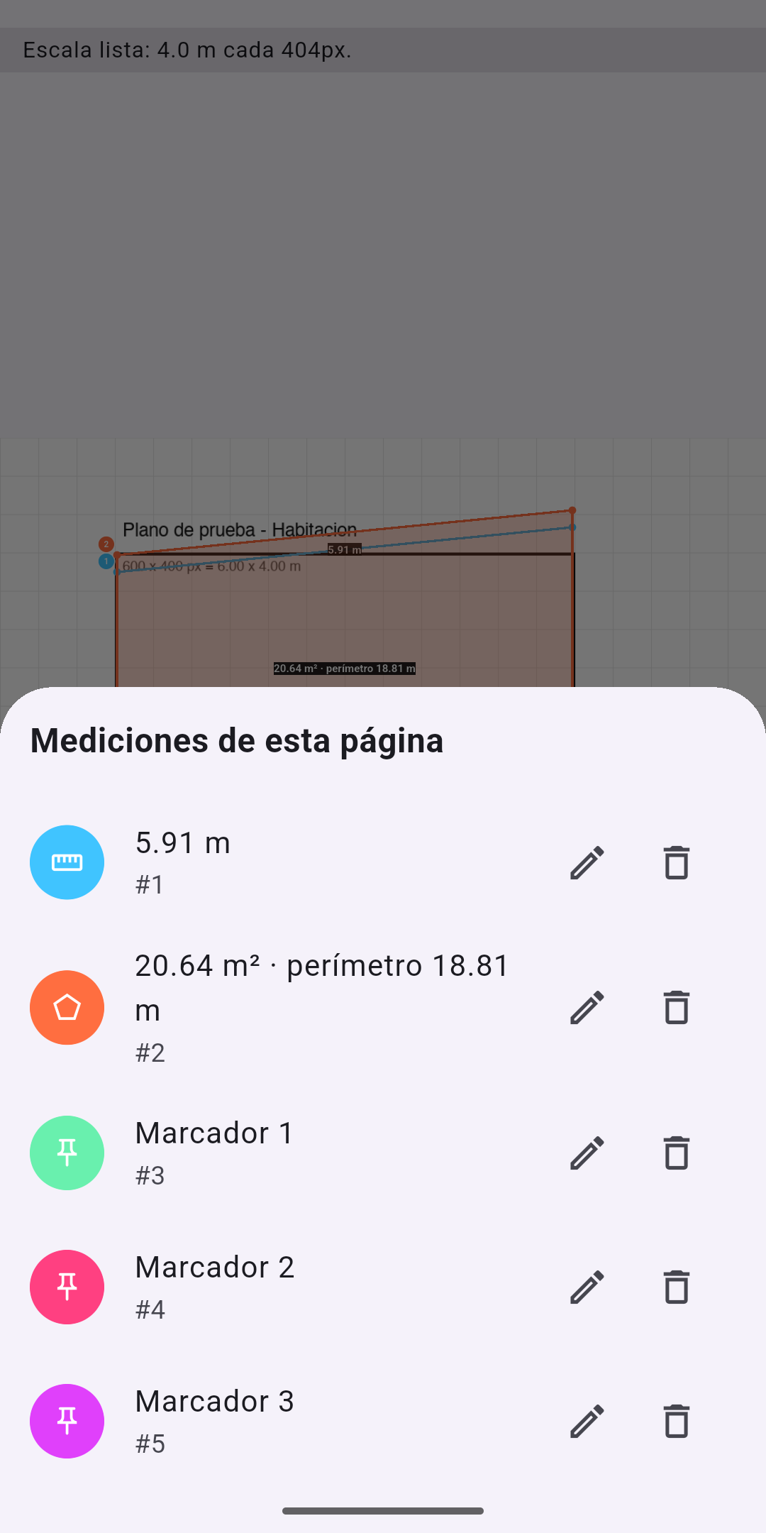 Lista de mediciones con colores y nombres